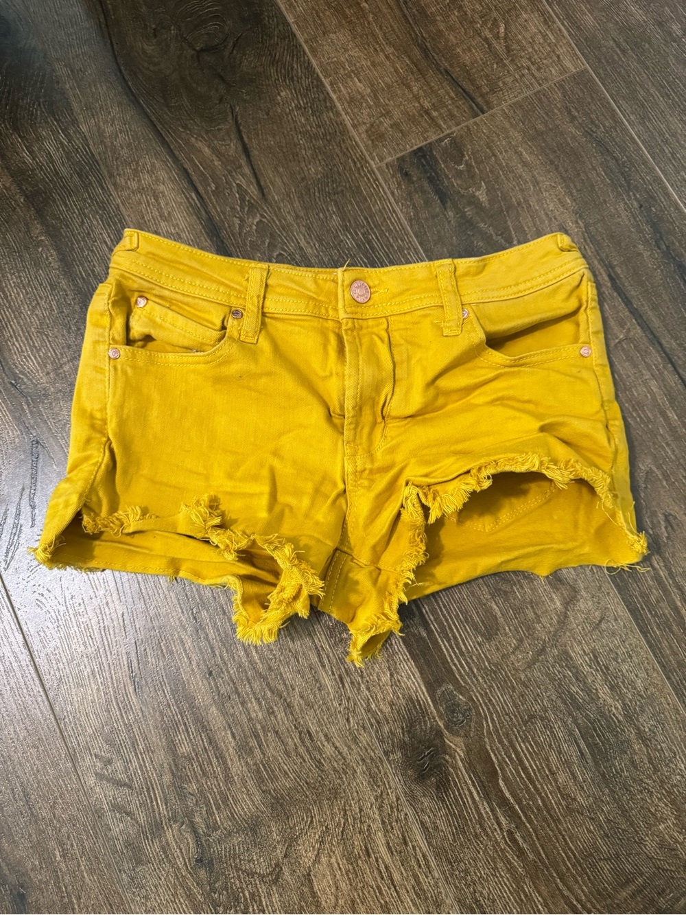 Celebrity Pink Mustard Yellow Distressed Denim Shorts
